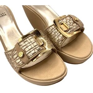 Stuart Weitzman Woven Leather Wedge Slide Sandals Tan Gold HW Size 8.5